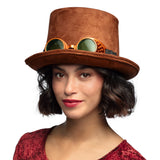 Chapeau Haut de Forme Steampunk Marron avec Lunettes Cuivre