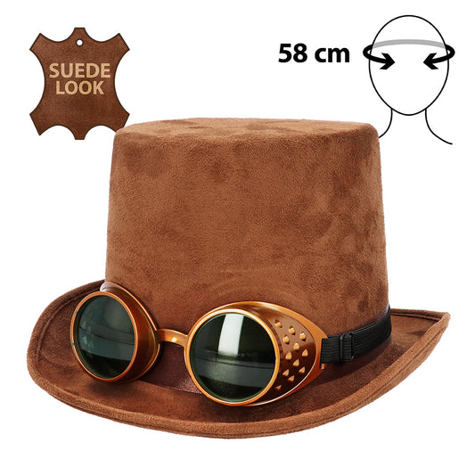 Chapeau Haut de Forme Steampunk Marron avec Lunettes Cuivre