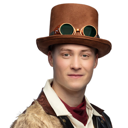 Chapeau Haut de Forme Steampunk Marron avec Lunettes Cuivre
