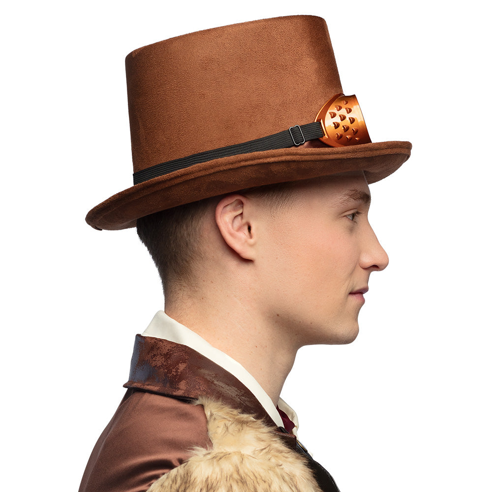 Chapeau Haut de Forme Steampunk Marron avec Lunettes Cuivre