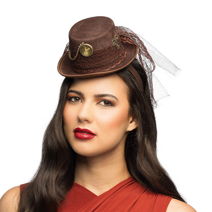 Chapeau Haut de Forme Steampunk Marron avec Voile Dentelle