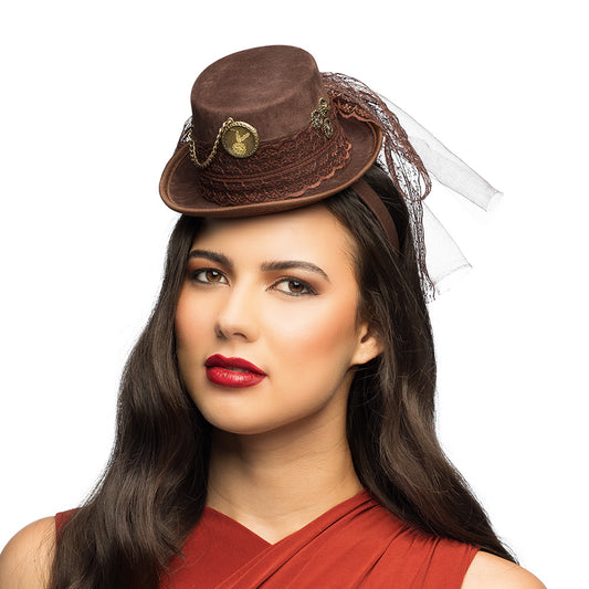 Chapeau Haut de Forme Steampunk Marron avec Voile Dentelle