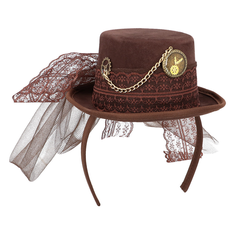 Chapeau Haut de Forme Steampunk Marron avec Voile Dentelle