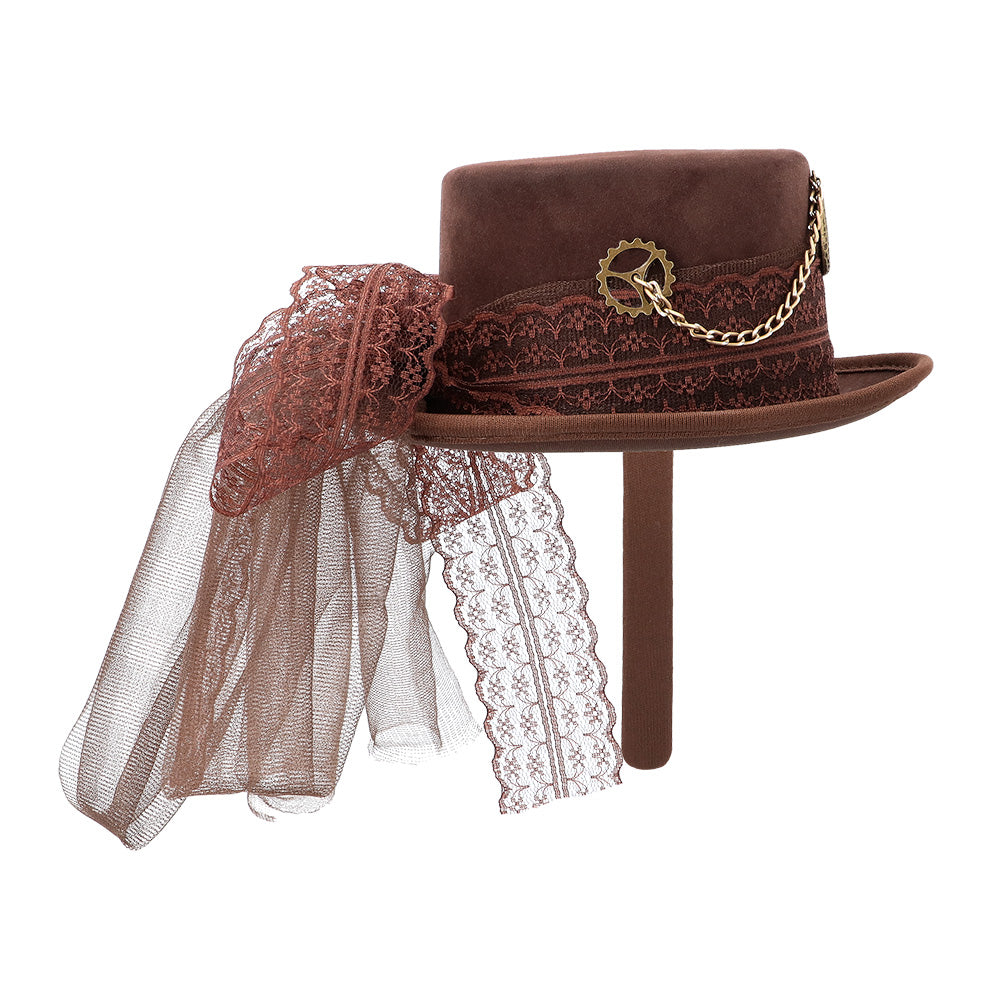 Chapeau Haut de Forme Steampunk Marron avec Voile Dentelle