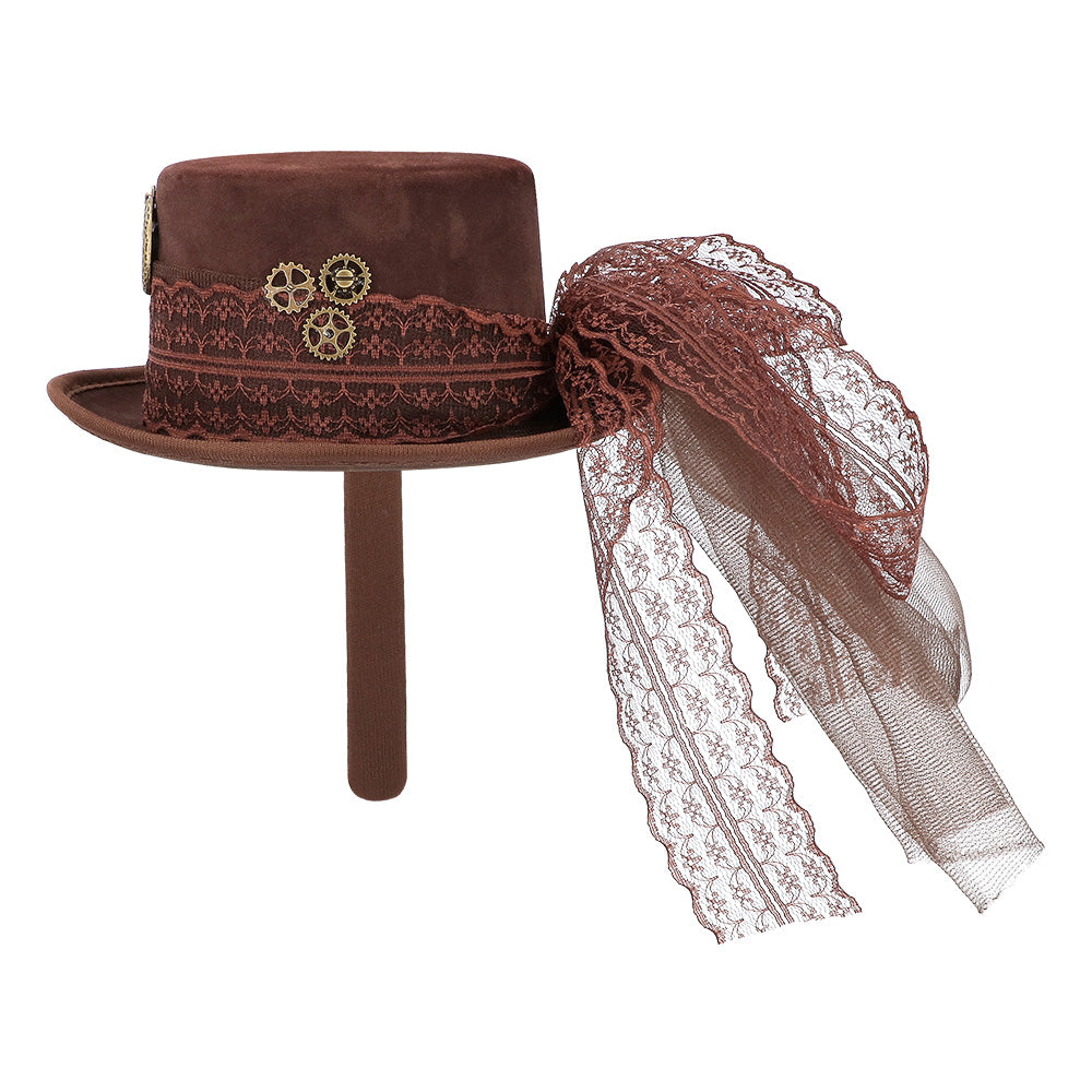 Chapeau Haut de Forme Steampunk Marron avec Voile Dentelle