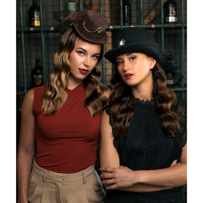 Chapeau Haut de Forme Steampunk Marron avec Voile Dentelle