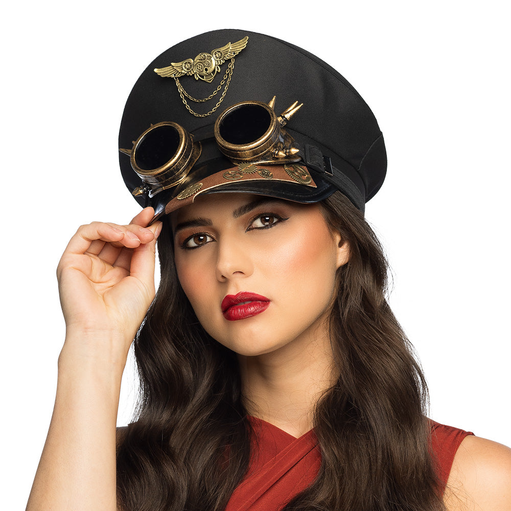 Chapeau Steampunk Noir avec Lunettes Dorées et Ailes