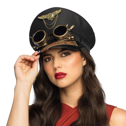 Chapeau Steampunk Noir avec Lunettes Dorées et Ailes
