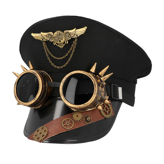 Chapeau Steampunk Noir avec Lunettes Dorées et Ailes