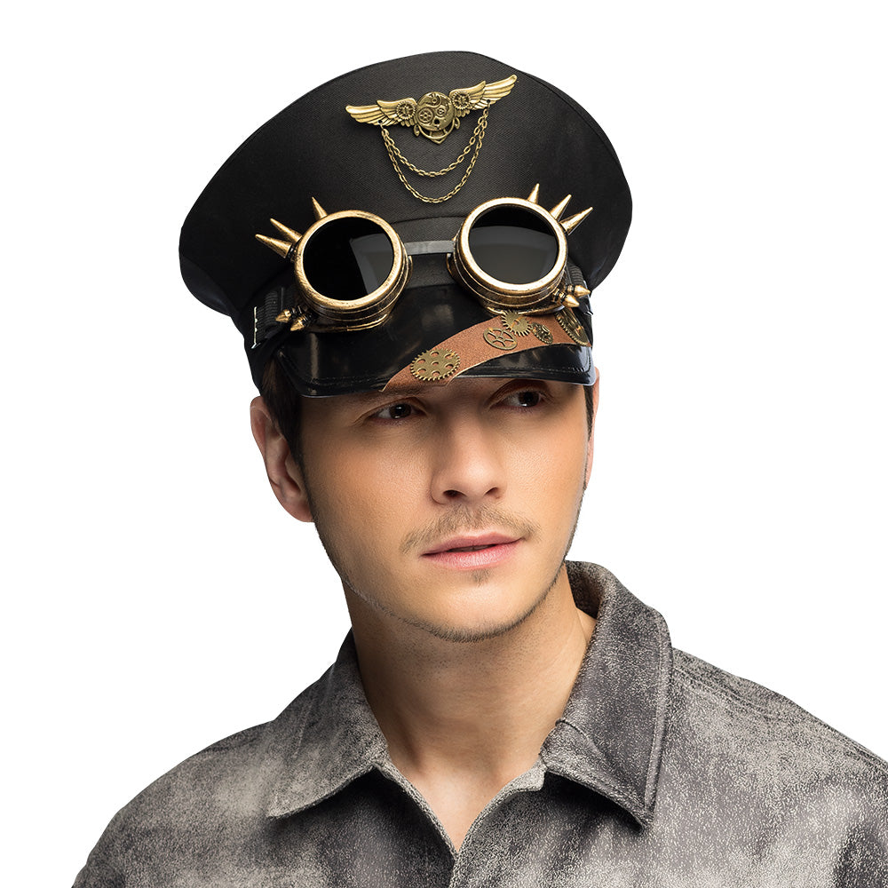 Chapeau Steampunk Noir avec Lunettes Dorées et Ailes