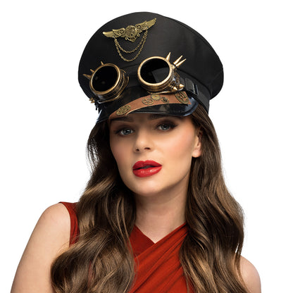 Chapeau Steampunk Noir avec Lunettes Dorées et Ailes