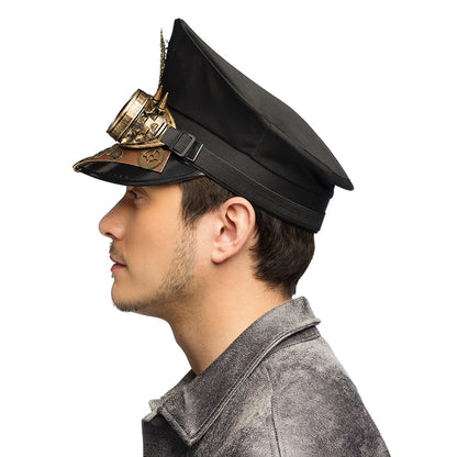Chapeau Steampunk Noir avec Lunettes Dorées et Ailes