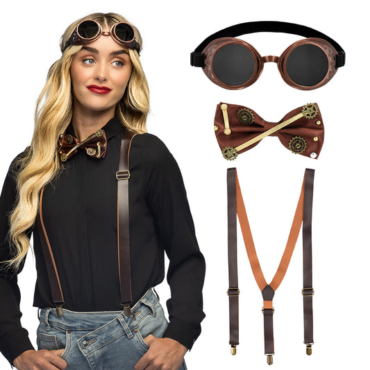Set Steampunk 3 pièces : Lunettes, Nœud pap' et Bretelles