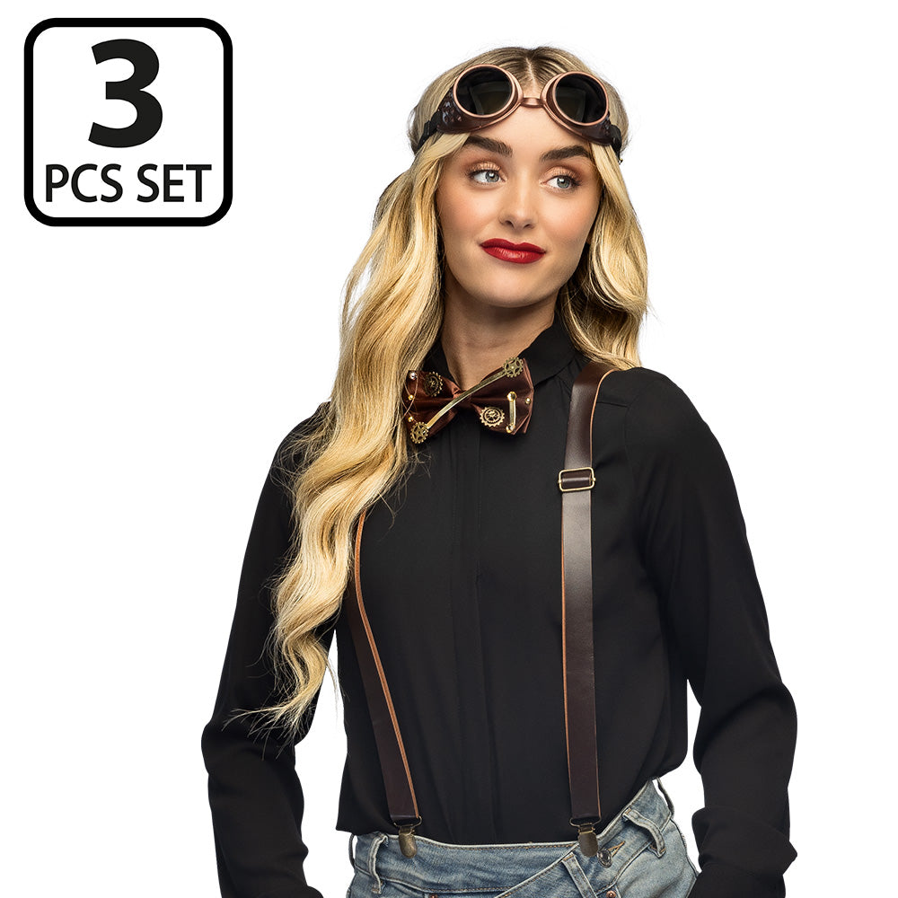 Set Steampunk 3 pièces : Lunettes, Nœud pap' et Bretelles
