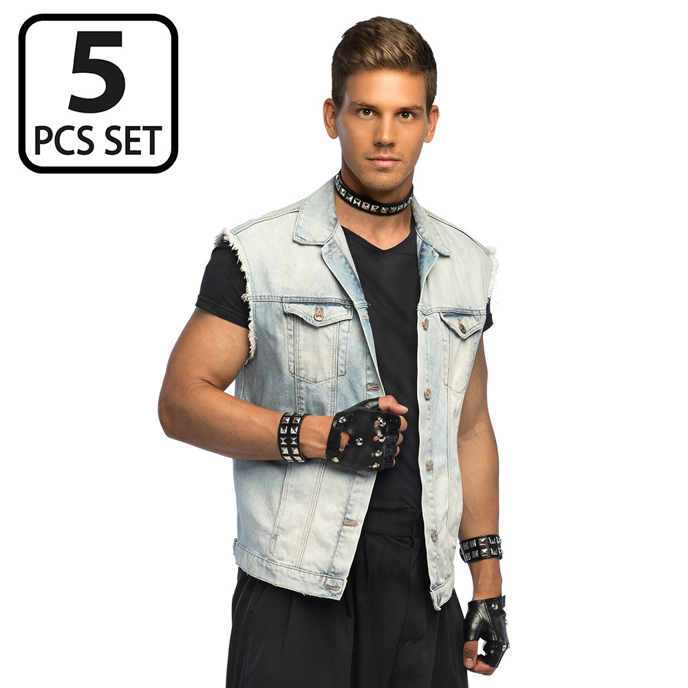 Set Accessoires Rock Studié 5 Pièces - Choker, Bracelets, Gants