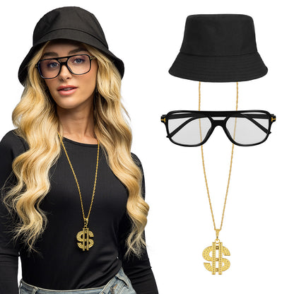 Ensemble Élégant 3 Pièces Noir & Or - Chapeau, Lunettes & Chaîne Dollar