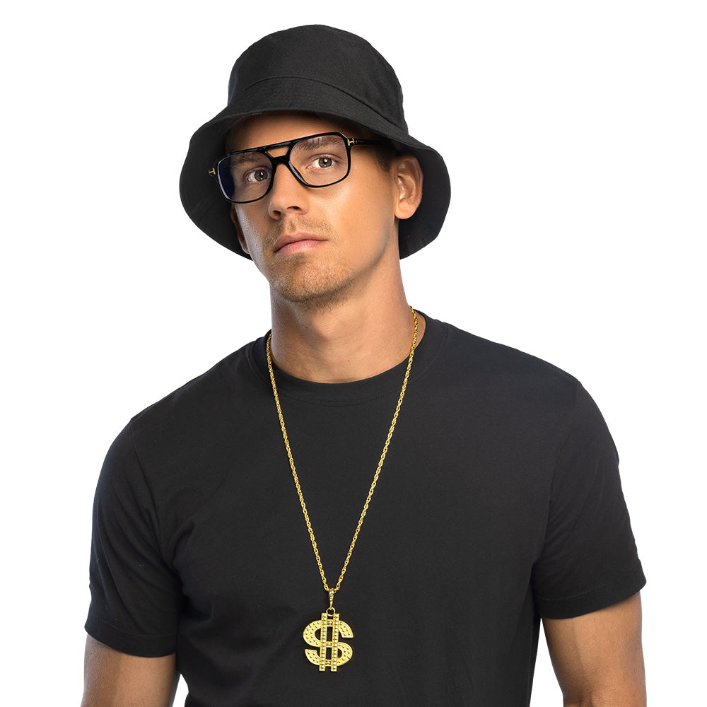Ensemble Élégant 3 Pièces Noir & Or - Chapeau, Lunettes & Chaîne Dollar