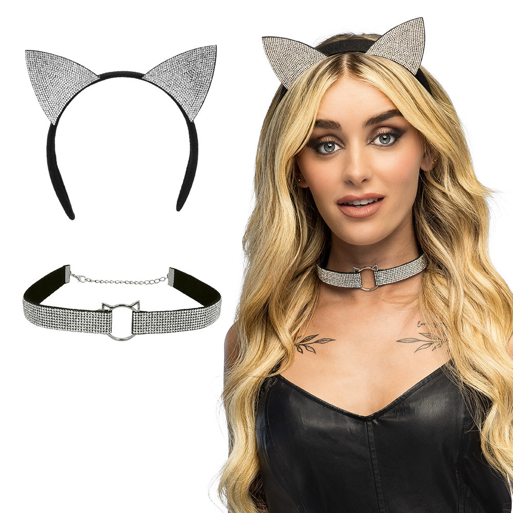 Kit Accessoires Chat Strass Noir - Serre-tête & Collier Ajustable