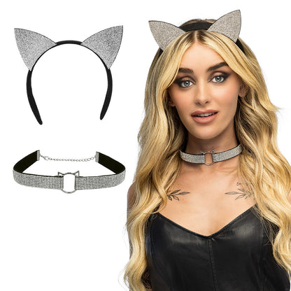 Kit Accessoires Chat Strass Noir - Serre-tête & Collier Ajustable