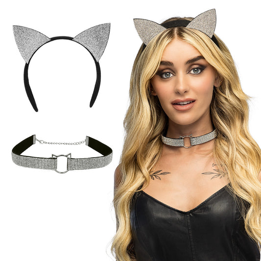 Kit Accessoires Chat Strass Noir - Serre-tête & Collier Ajustable