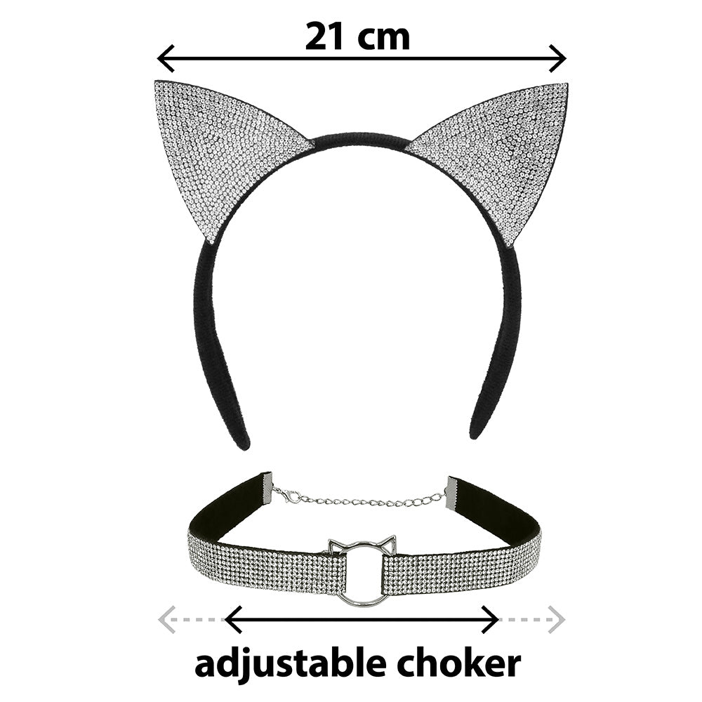 Kit Accessoires Chat Strass Noir - Serre-tête & Collier Ajustable