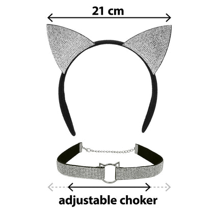 Kit Accessoires Chat Strass Noir - Serre-tête & Collier Ajustable