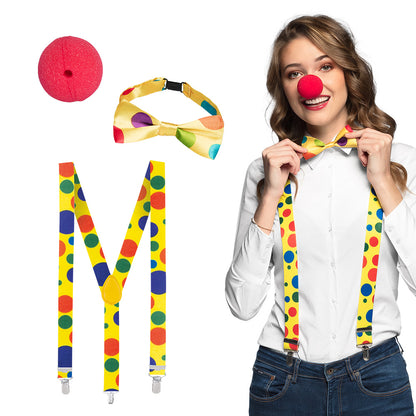 Kit Complet Clown Coloré : Nez, Nœud Pap' et Bretelles Pois