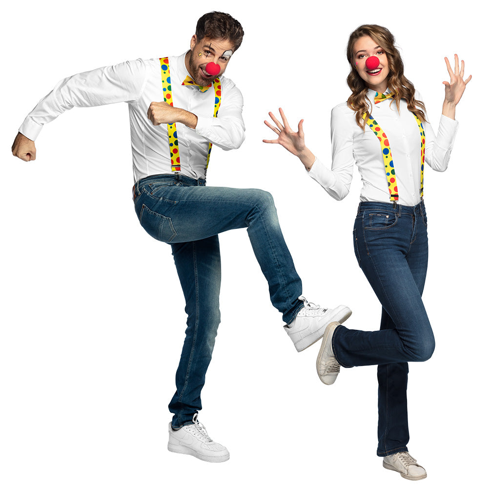 Kit Complet Clown Coloré : Nez, Nœud Pap' et Bretelles Pois