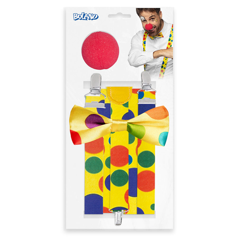 Kit Complet Clown Coloré : Nez, Nœud Pap' et Bretelles Pois