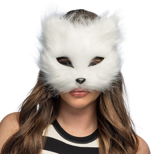 Masque Chat Blanc Fourrure - Déguisement Félin Réaliste