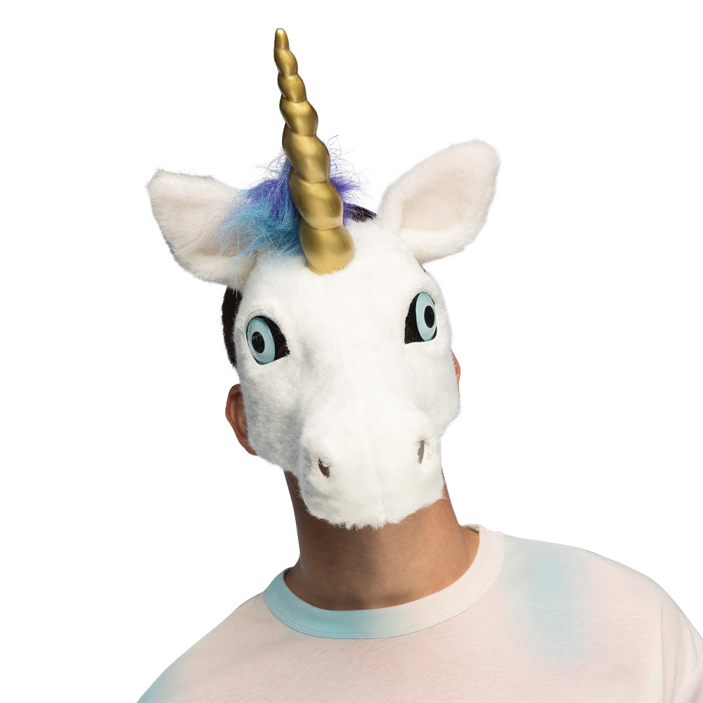 Masque Licorne Blanche avec Corne Dorée et Crinière Arc-en-ciel