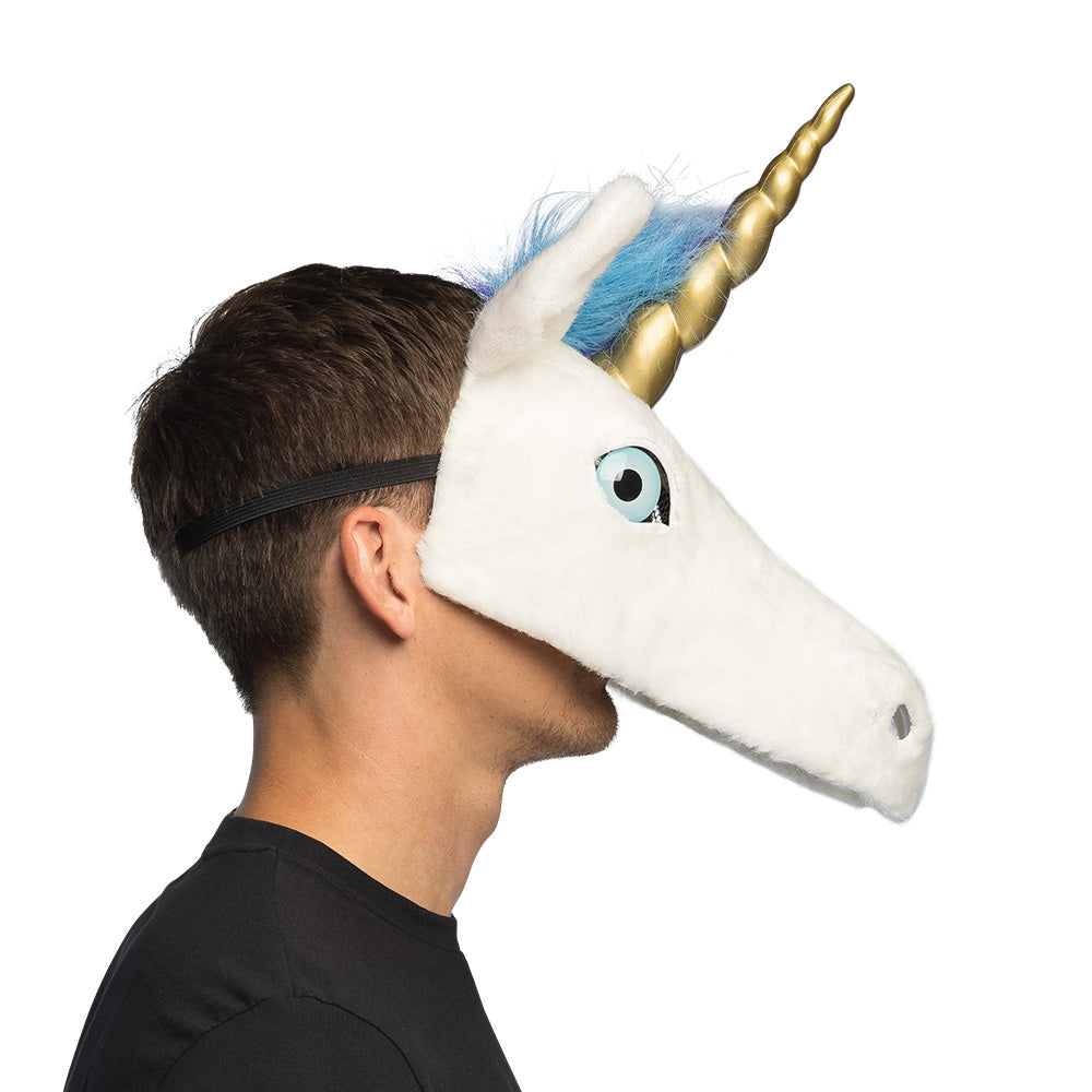 Masque Licorne Blanche avec Corne Dorée et Crinière Arc-en-ciel