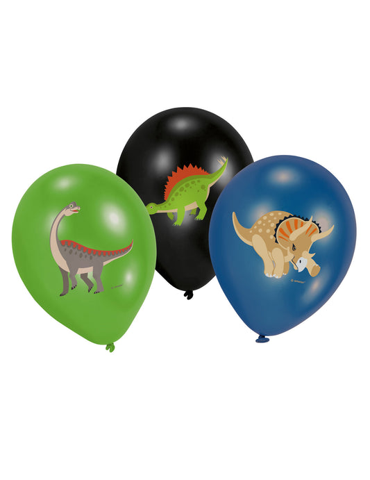 6 Ballons en latex Grands Dinosaures noir, vert et bleu 27,5 cm