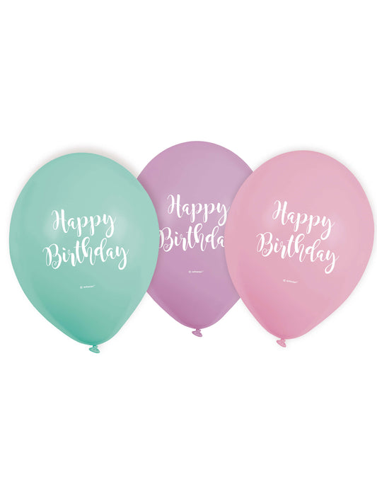 6 Ballons en latex Happy Birthday pastel 22,8 cm