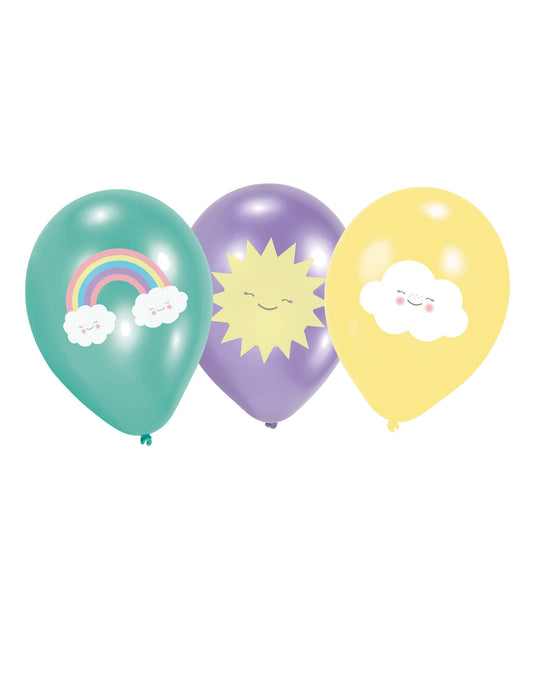 6 Ballons en latex Petit Nuage menthe, violet et jaune 27,5 cm