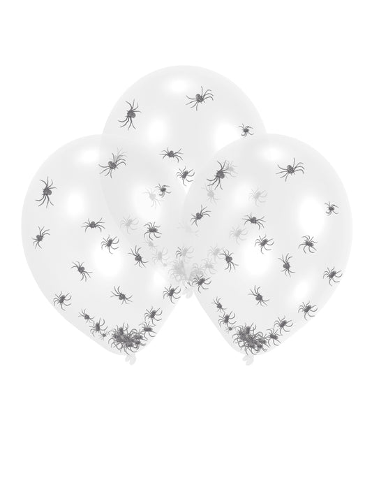 6 Ballons en latex transparents confettis araignées 27,5 cm