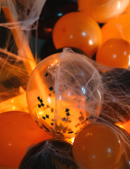6 Ballons en latex transparents confettis araignées 27,5 cm