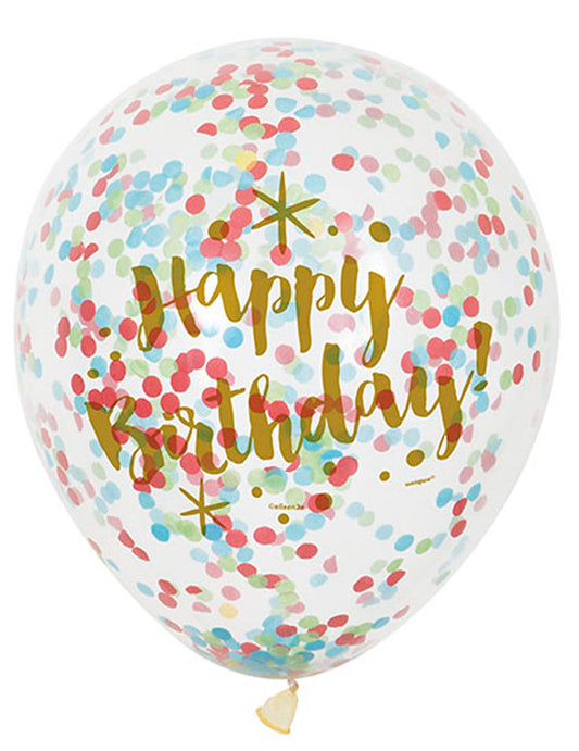 6 Ballons en latex Happy Birthday confettis multicolores 30 cm