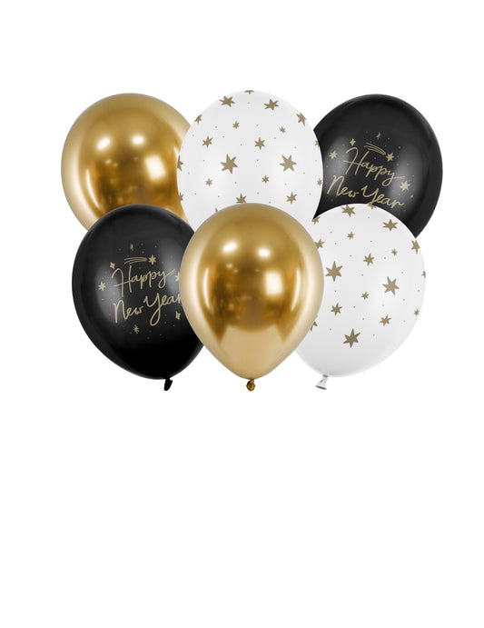 6 Ballons Happy New Year noir et or 30 cm