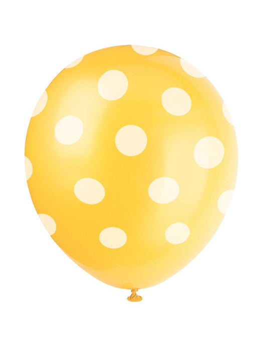 6 Ballons en latex jaune à pois blanc 30 cm