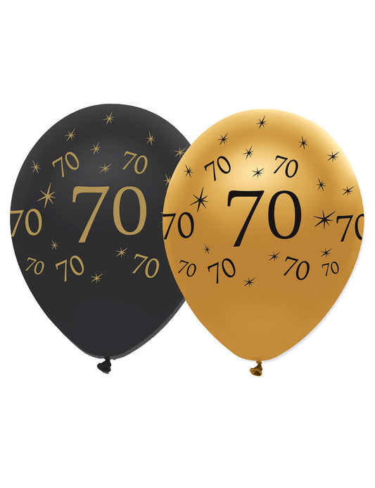 6 Ballons en latex 70 ans noirs et dorés 30 cm