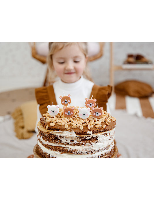 6 Bougies d'anniversaire petits ours bruns et blancs 3 cm