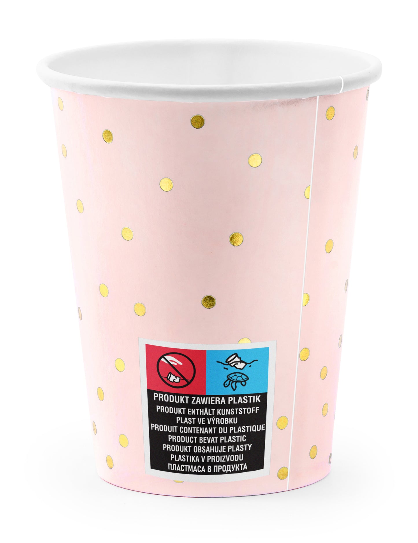 6 Gobelets en carton rose pâle et pois dorés 260 ml