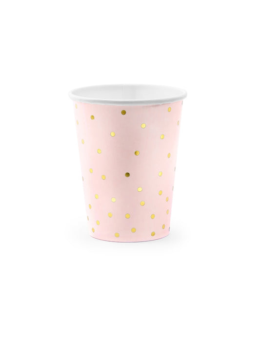 6 Gobelets en carton rose pâle et pois dorés 260 ml