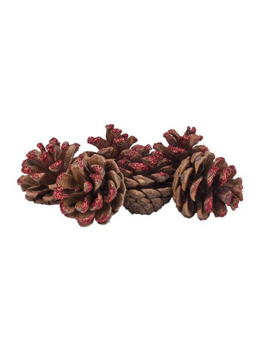 6 Pommes de pin paillettes rouges 4 cm