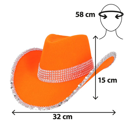 Chapeau Cowboy Orange Paillettes UV Blacklight Adulte