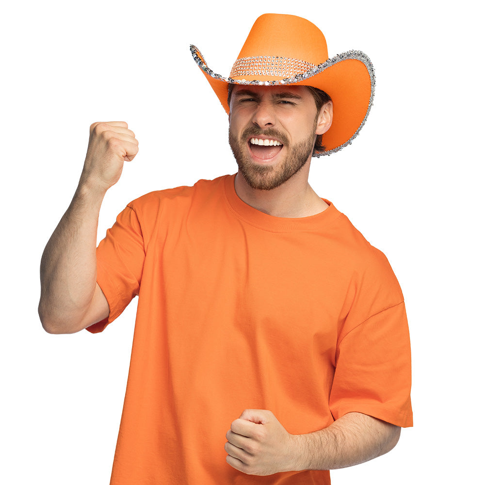 Chapeau Cowboy Orange Paillettes UV Blacklight Adulte