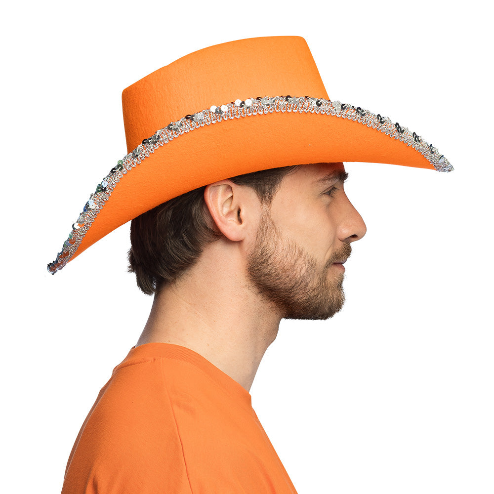 Chapeau Cowboy Orange Paillettes UV Blacklight Adulte