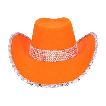 Chapeau Cowboy Orange Paillettes UV Blacklight Adulte