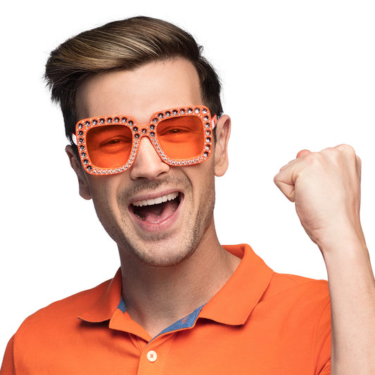 Lunettes Strass Carrées Orange Géantes - Accessoire Fête
